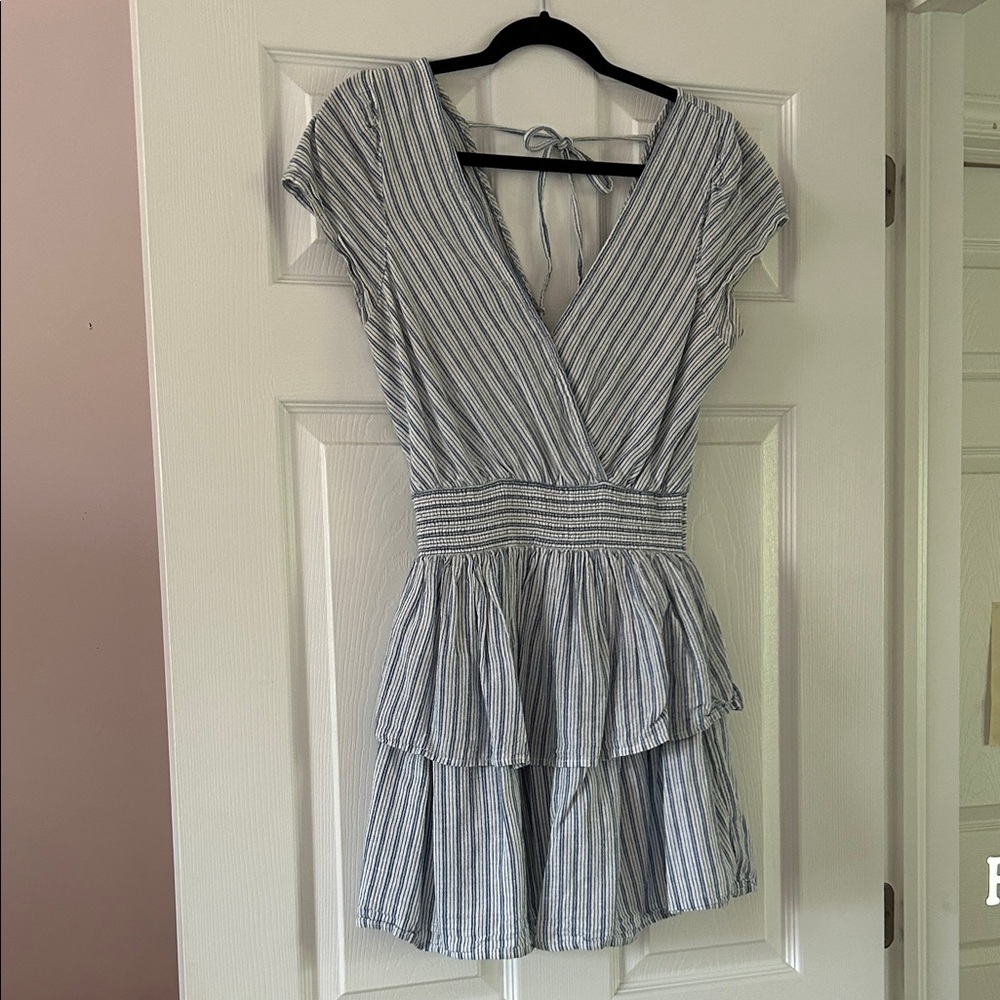 American Eagle Outfitters Blue and White Striped Mini Ruffle Dress